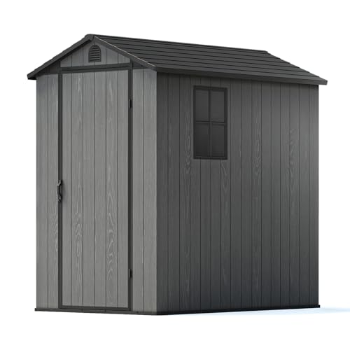 Patiowell 4 x 6 FT Plastic Shed for Outdoor Storage, Resin Shed with Window and Lockable Door for Garden, Backyard, Tool Storage Use, Easy to Install, Dark Grey