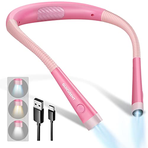 Glocusent LED Neck Reading Light, Book Light for Reading in Bed, 3 Colors, 6 Brightness Levels, Bendable Arms, Rechargeable, Long Lasting, Perfect for Reading, Knitting, Camping, Repairing
