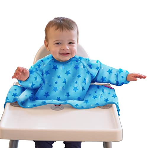 Tidy Tot - Cover & Catch Baby Bib - Mess Proof Long Sleeve Feeding Smock with Food Catcher Pocket - Attaches to Highchair - Waterproof Bib – Machine Washable. Fits 6-24 months - Blue