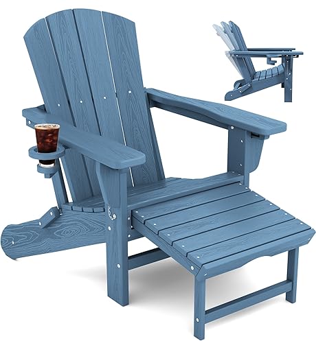 KINGYES Folding Adjustable Adirondack Chair with Ottoman, HDPE Weather Resistance Oversized Adirondack Chair with Cup Holder, Wood-Like Reclining Versatile Adirondack Chair, Blue