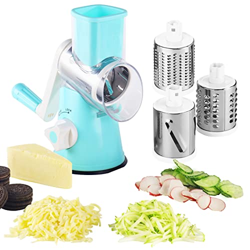 EDEFISY Rotary Cheese Grater-3-in-1Stainless Steel Manual Drum Slicer,Rotary Graters for Kitchen,Food Shredder for Vegatables,Nuts and Chocolate(Blue)