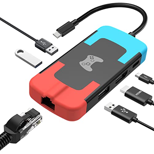 D.Gruoiza Switch Dock, Portable TV Ethernet LAN Adapter for Switch/OLED,Replace Switch Docking Station, HDMI Adapter with Ethernet LAN/USB/Type-C(Blue and Red)