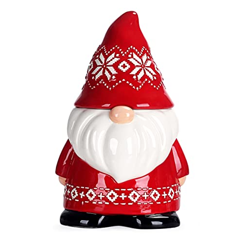 Bico Red Christmas Gnome 11 inch Air Tight Cookie Jar, Handpainted, Dishwasher Safe, Holiday Accent for Kitchen Counter