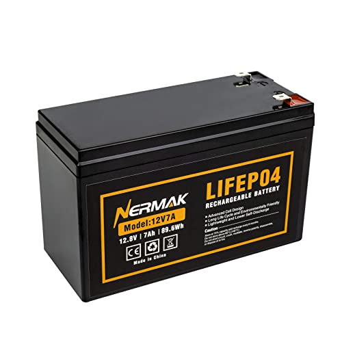 NERMAK 12V 7Ah (7.2Ah) Lithium LiFePO4 Deep Cycle Battery, 2000+ Cycles Lithium Iron Phosphate Rechargeable Battery for Solar Powar, Lighting, Power Wheels, Fish Finder and More, Built-in 8A BMS