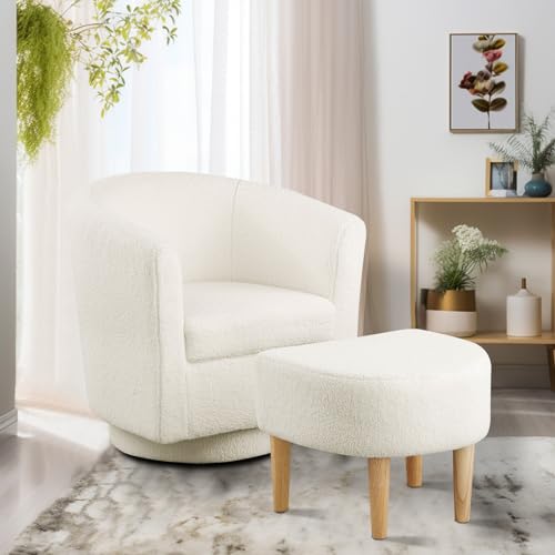 DAZONE Accent Chair Swivel Chair Sherpa White Fluffy Chair Teddy Swivel Barrel Chair with Ottoman Comfy Armchair Footrest Set for Living Room Upholstered Club Tub Sofa Chair for Bedroom Reading Room