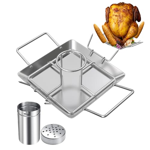 AJinTeby Beer Can Chicken Holder Roasting Pan with Vegetable Spikes, Turkey Fryer Holder, Chicken Roaster Stand, BBQ Accessories, Barbecue Rack, Dishwasher Safe