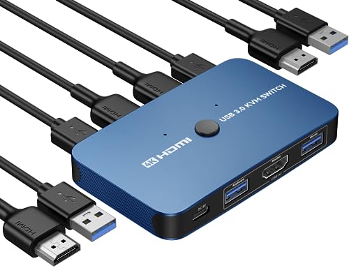 ABLEWE KVM Switch, Aluminum KVM Switch HDMI,USB Switch for 2 Computers Sharing Mouse Keyboard Printer to One HD Monitor, Support 4K@60Hz,2 HDMI Cables and 2 USB Cables Included(Blue)