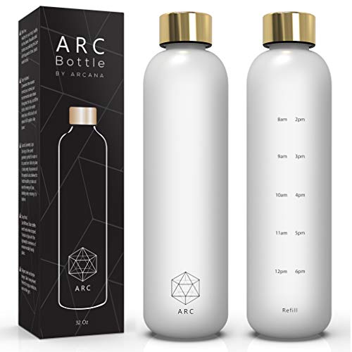 ARCANA Arc Water Bottle With Time Marker - Motivational Water Bottles With Times To Drink - BPA Free Frosted Plastic - Gym, Sports, Outdoors (32oz, clear)
