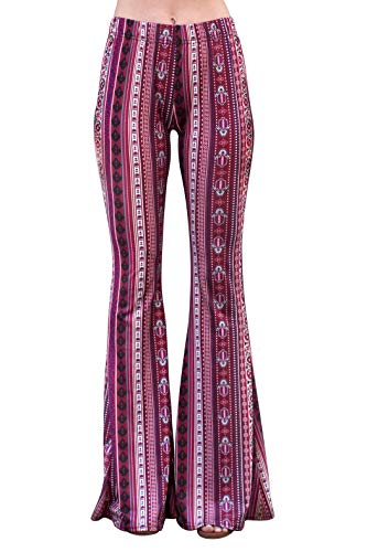 Daisy Del Sol High Waist Comfy Stretch Boho 70s Bell Bottom Fit to Flare Lounge Yoga Pants (Large, Berry)
