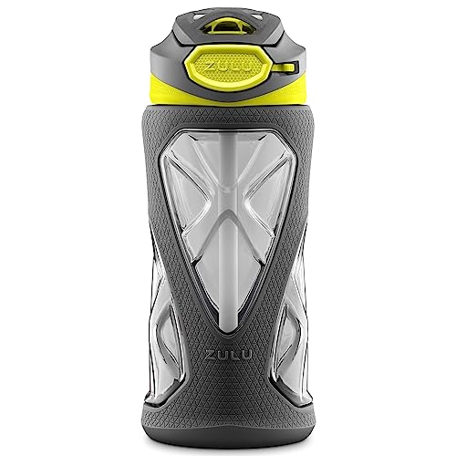 Zulu Torque 16oz Plastic Kids Water Bottle with Silicone Sleeve and Leak-Proof Locking Flip Lid and Carry Loop for School Backpack, Lunchbox, Outdoor Sports, BPA-Free Dishwasher Safe, Grey/ Green