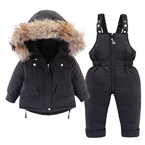 KONF Baby Girls Boys Winter Thick Warm Hooded Down Coat Down Paraks Jumpsuit Snowsuit Set Coat Snowsuit Outwear A30, Black, 18-24 Months