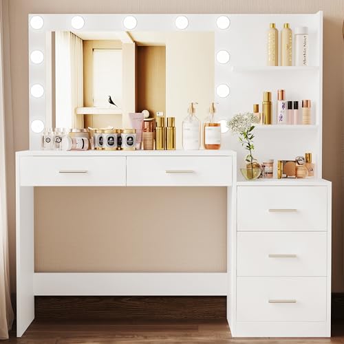 Rovaurx 46.7' Makeup Vanity Table with Lighted Mirror, Large Vanity Desk with Storage Shelf & 5 Drawers, Bedroom Dressing Table, 11 LED Lights, White RSZT106W