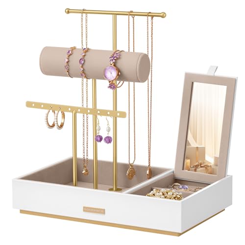 SONGMICS Jewelry Holder, Jewelry Organizer, Jewelry Display Stand, Metal Earring Organizer with Mirror, with Necklace Earring Bracelet Holder, for Rings, Gift Idea, White and Gold UJJS022W01