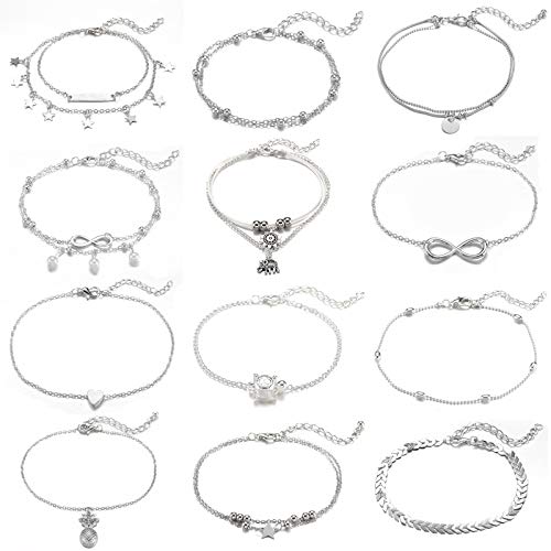 Starain 12Pcs Cute Ankle Bracelets Set Silver Heart Chain Anklets for Women Girls Adjustable Beach Foot Jewelry