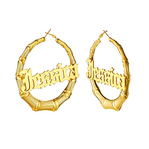 Large Gold Bamboo Earrings 90s Statement Hip Hop Jewelry 18K Gold Plated Name Hoops 80mm Extra Big Door Knocker Earrings for Women