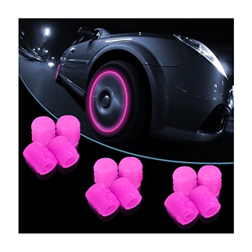 12PCS Fluorescent Car Tire Valve Stem Caps, Auto Corrosion Resistant Wheel Valve Cover, Luminous Illuminated Glow in The Dark, Car Decor Accessories Universal for SUV, Trucks, Car (Pink)