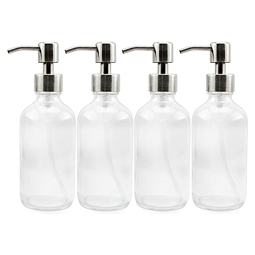 Cornucopia Brands 8-Ounce Clear Glass Boston Round Bottles w/Stainless Steel Lotion Pumps (4-Pack); Empty Refillable Liquid Soap & Lotion Bottles