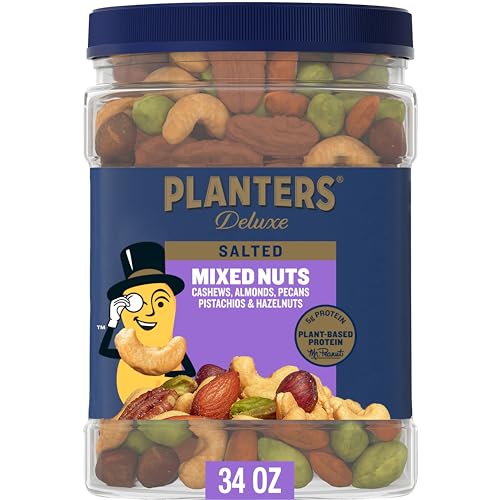 PLANTERS Deluxe Salted Mixed Nuts, Roasted Cashews, Almonds, Pecans, Pistachios, and Hazelnuts, Party Snacks, Plant-Based Protein, Quick Snack for Adults, After School Snack, 34oz Container