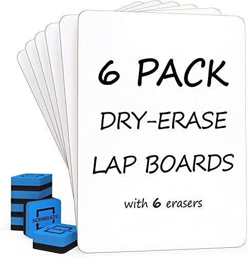 Scribbledo 6 Pack Small White Board Dry Erase Classroom Pack Boards 9'x12” Personal Whiteboards for Students Teachers School Supplies Lapboards l 6 Mini Whiteboard Erasers Included