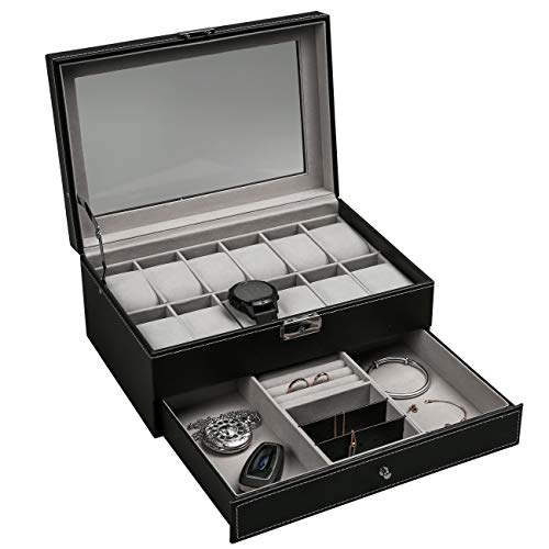 Ogrmar 12 Slot PU Leather Lockable Watch Storage Boxes, Men & Women Jewelry Display Drawer Case, 2-tier Organizer Watch Showcase with Glass Lid (Black)