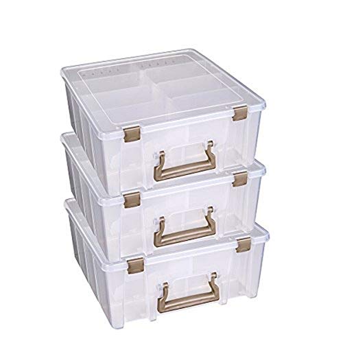ArtBin 6990ZZ Super Satchel Double Deep 3-Pack, Portable Art & Craft Organizers with Handles, [3] Plastic Storage Cases, Clear & Gold