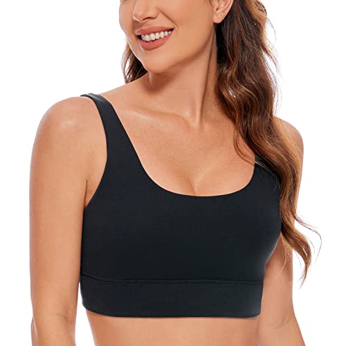 CRZ YOGA Butterluxe Womens U Back Sports Bra - Scoop Neck Padded Low Impact Yoga Bra Workout Crop Top with Built in Bra Black Large