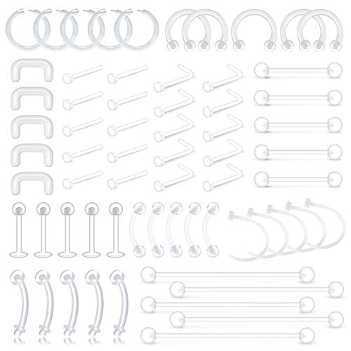 D.Bella 65pcs Mix Style Clear Piercing Retainer Flexible Lip Ear Nose Septum Eyebrow Nipple Tongue Rings Cartilage Tragus Earrings Retainer Bioflex Horseshoe Hoop Industrial Barbell