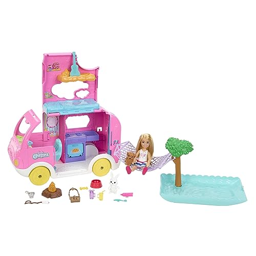 Barbie Camper, Chelsea 2-in-1 Playset with Small Doll, 2 Pets & 15 Accessories, Vehicle Transforms into Camp Site (Amazon Exclusive)