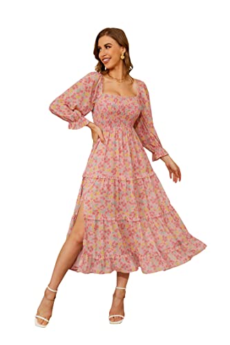 R.YIposha Women's Summer Bohemian Dress Puff Sleeve Ruffled Floral Print Casual Off Shoulder Long Dress,4-6,Pink
