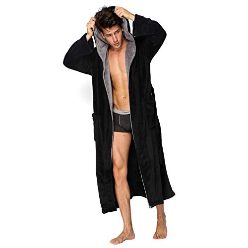 KEMUSI Hooded Herringbone Men's Black Soft Spa Full Lenght Bathrobe With Grey Kimono Shawl Collar(S)
