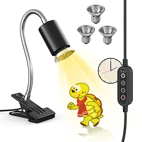 SILICAR Reptile Heat Lamp, Timing Turtle Light UVB/UVA Basking Spot Lamp with Clip, Turtle Habitat Aquarium Basking Lamp for Reptile Turtle Lizard Snake-E27 50W 3 Bulbs Includes