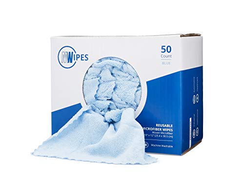 Microfiber Rags in A Box (50 Count) - Mwipes - 10' x 12' Reusable Wipes for Cleaning - Edgeless Terry Towels, Shop Rags, Wash, Dust, Disposable, House, Small Cleaning Cloths (Blue)