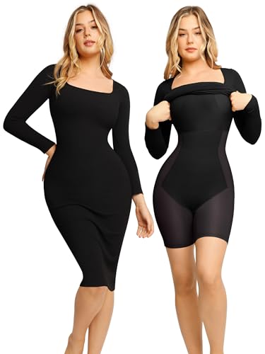 Popilush Midi Shapewear Dresses for Women With Built in Shapewear Black Long Sleeve Fall Dress