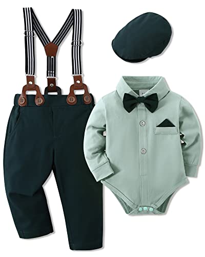 WESIDOM Baby Boy Clothes 0-18M Newborn Infant Gentleman Outfit, Shirt+Bowtie+Beret+Suspender Pant Baby boy Suit Clothing Set