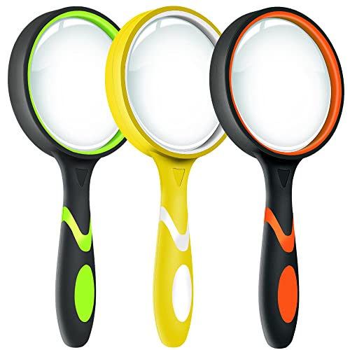 Leffis 3 Pack Magnifying Glass, 10X Non-Slip Handheld Reading Magnifier for Kids and Seniors, 75mm Magnifying Glass Lens for Reading, Classroom Science, and Nature Exploration