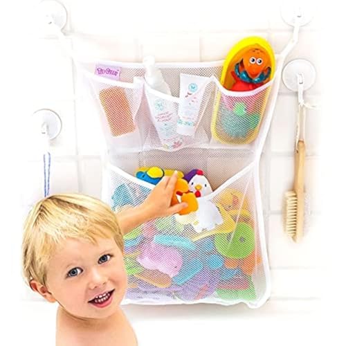 Original Tub Cubby Bath Toy Storage Organizer - With Suction Cup & Adhesive Hooks, 14'x20' Mesh Net Shower Caddy for Kids Bathroom Decor, Bedroom & Car Toy Organizer - Bonus Hooks