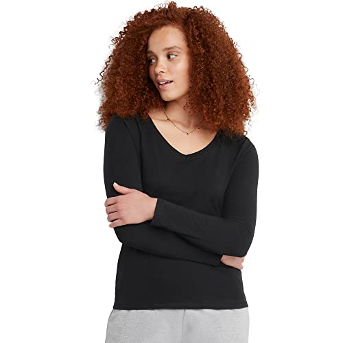 Hanes Women's Originals Long Sleeve Cotton T-Shirt, Lightweight V-Neck Tee, Modern Fit, Ebony, Large