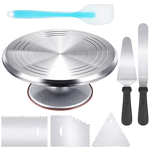 Kootek Aluminium Alloy Revolving Stand 12' Cakes Turntable with 12.7' Angled Frosting, 3 Comb Icing Smoother, Silicone Spatulas Pie Server/Cutter Baking Decorating Tools