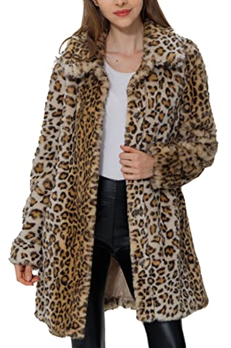 Bellivera Faux Fur Jacket Womens Leopard Coat Long Sleeve Winter Warm Fluffy Parka Overcoat Outwear Tops 18125 Leopard XL