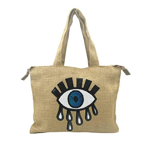 KarensLine Handmade Evil Eye Tote Bag for Women Jute Bag With Handles Beach Bags With Zipper Waterproof (Naturel)