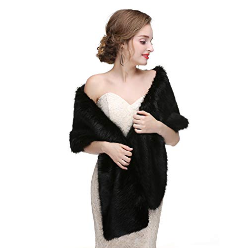 CanB Women's Large 1920 Faux Fur Shawl Bridal Wedding Fur Wraps and Bolero Faux Mink Shrug for Women and Girls (Black)