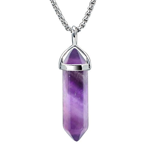 BEADNOVA Amethyst Necklace Gemstone Crystal Necklace for Women Healing Stone pendant Jewelry for Men Pendulum Divination Purple Crystal Hexagonal pendant (18 Inches Stainless Steel Chain)