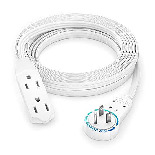 Maximm Cable 12 Ft 360° Rotating Flat Plug Extension Cord/Wire, 16 AWG Multi 3 Outlet Extension Wire, 3 Prong Grounded Wire - White - UL Certified