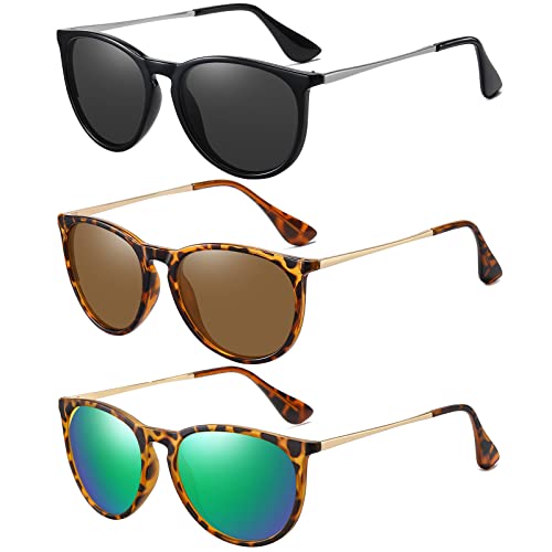 Ougenni Sunglasses for Women Men Vintage Polarized Women Sunglasses Round Classic Retro Sunglasses UV Protection Lens,3 Pack