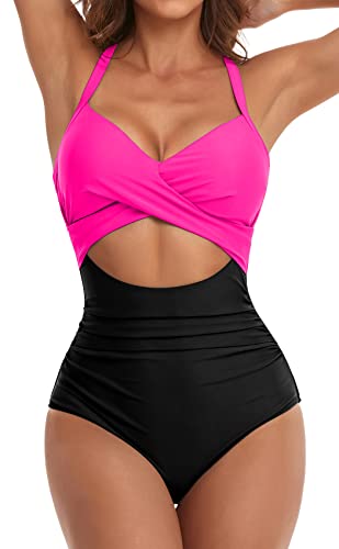 Eomenie Women's One Piece Swimsuits Tummy Control Cutout High Waisted Bathing Suit Wrap Tie Back 1 Piece Swimsuit Hot Pink Black