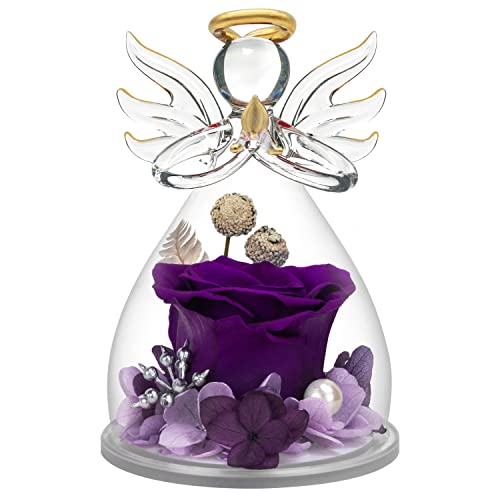 encavy Preserved Flower Rose Gifts in Glass Angel Figurines,Birthday Gifts for Women,Mothers Day Rose Gifts for Mom from Daughter,Angel Rose Gifts for Her,Mom Gifts,Purple Real Rose Gifts for Grandma