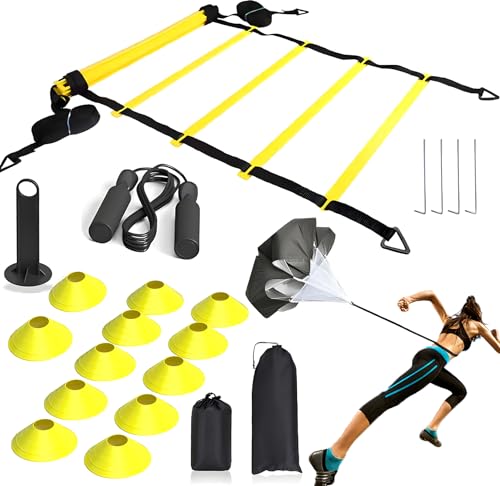 CHIWALLO Speed Agility Training Equipment Set, 20ft 12 Rungs Agility Ladder,12 Soccer Cones, Jump Rope, Running Parachute, Basketball Football Soccer Training Equipment for Kids Youth Adults