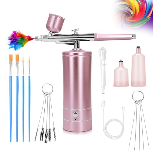 Airbrush-Kit Air Brush Kit With Airbrush Compressor Nail Charms Wireless Air Brush for Barber, Nail Art, Cake Decor, Makeup, Model Painting (Pink)