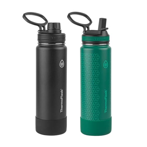Thermoflask 24oz Stainless Steel Insulated Water Bottles with Straw and Spout Lids, 2-pack, Black/Malachite