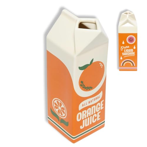 ban.do Vintage Inspired Orange Juice Vase, The Original Rise and Shine Decorative Ceramic Vase, OJ Carton, Retro/Unique/Eclectic/Novelty Accent for Home/Kitchen/Office, Orange Juice